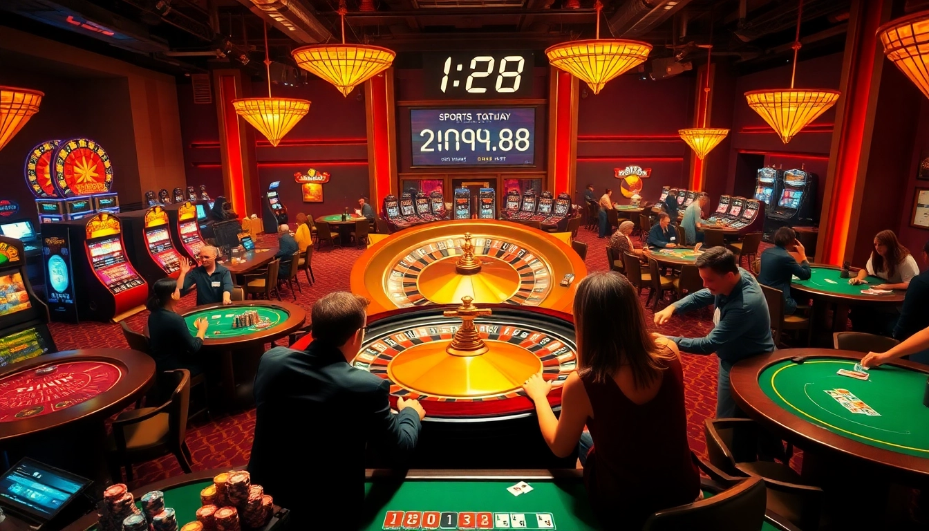 Experience thrill at the casino with https://mm88.today/ featuring players and colorful slot machines.