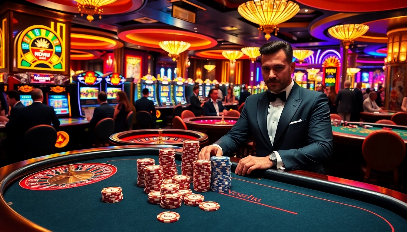 Experience the thrill of gambling at Nohu-themed poker tables with vibrant chips and players in action.