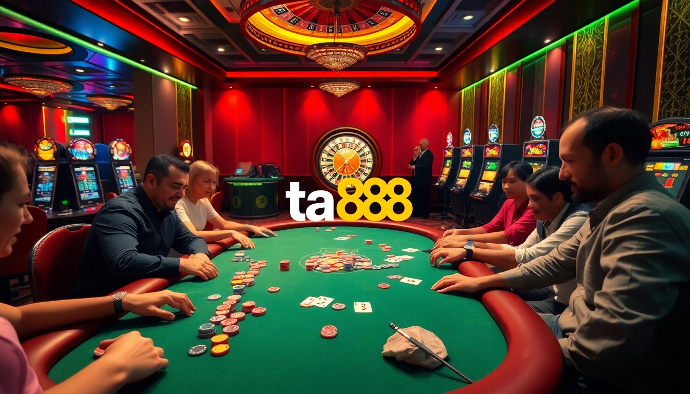 Players engage at the ta88 poker table surrounded by vibrant casino lights, displaying excitement and strategy.