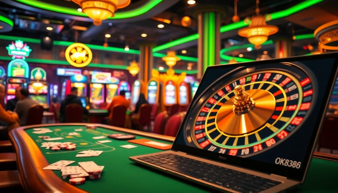 Engage with the dynamic gaming atmosphere at Trang chủ OK8386, featuring vibrant poker tables and exciting slot machines.